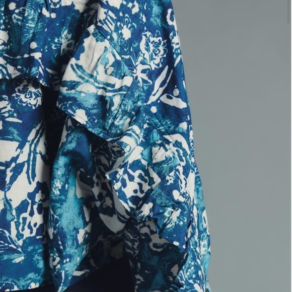 Pilcro Anthropologie Cropped Batwing Blouse XXS Oversized Ruffle Batik Blue - Picture 6 of 16
